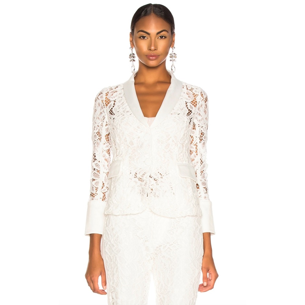 Alexis Bonis Jacket Blazer Women Medium White Sheer Floral Lace Satin Trim Lapel
